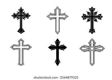 Set of Christian cross liner and silhouette, Religious cross icon illustration