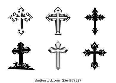 Set of Christian cross liner and silhouette, Religious cross icon illustration