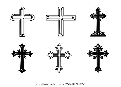 Set of Christian cross liner and silhouette, Religious cross icon illustration