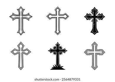 Set of Christian cross liner and silhouette, Religious cross icon illustration