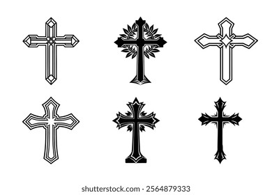 Set of Christian cross liner and silhouette, Religious cross icon illustration