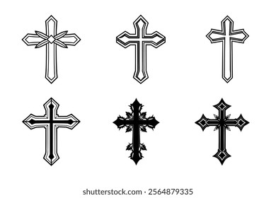 Set of Christian cross liner and silhouette, Religious cross icon illustration