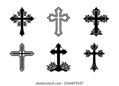 Set of Christian cross liner and silhouette, Religious cross icon illustration