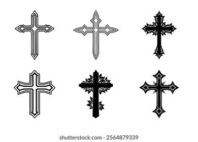 Set of Christian cross liner and silhouette, Religious cross icon illustration