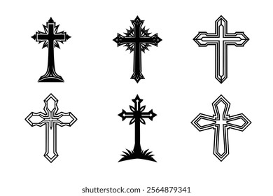 Set of Christian cross liner and silhouette, Religious cross icon illustration