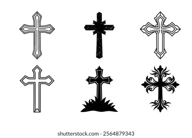 Set of Christian cross liner and silhouette, Religious cross icon illustration