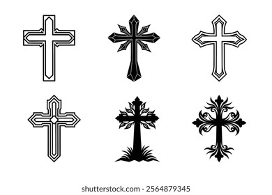 Set of Christian cross liner and silhouette, Religious cross icon illustration