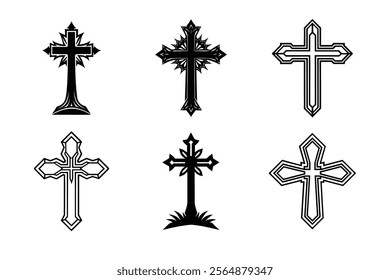 Set of Christian cross liner and silhouette, Religious cross icon illustration