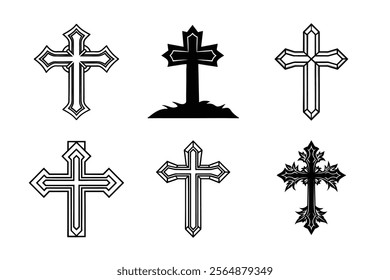 Set of Christian cross liner and silhouette, Religious cross icon illustration