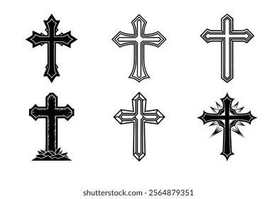 Set of Christian cross liner and silhouette, Religious cross icon illustration