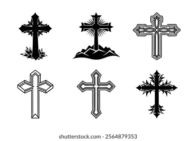 Set of Christian cross liner and silhouette, Religious cross icon illustration