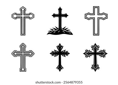 Set of Christian cross liner and silhouette, Religious cross icon illustration