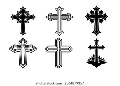 Set of Christian cross liner and silhouette, Religious cross icon illustration