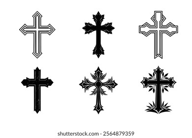 Set of Christian cross liner and silhouette, Religious cross icon illustration