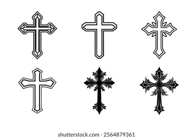 Set of Christian cross liner and silhouette, Religious cross icon illustration