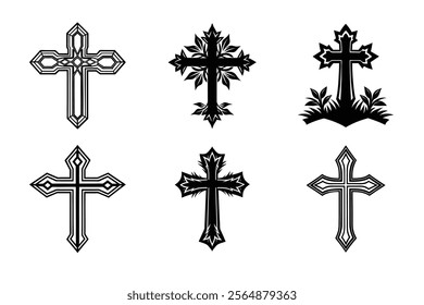 Set of Christian cross liner and silhouette, Religious cross icon illustration