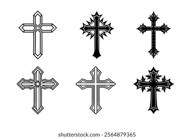 Set of Christian cross liner and silhouette, Religious cross icon illustration