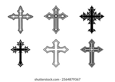 Set of Christian cross liner and silhouette, Religious cross icon illustration