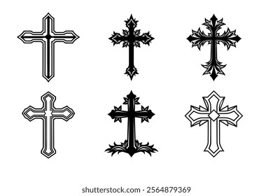 Set of Christian cross liner and silhouette, Religious cross icon illustration