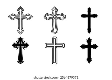 Set of Christian cross liner and silhouette, Religious cross icon illustration