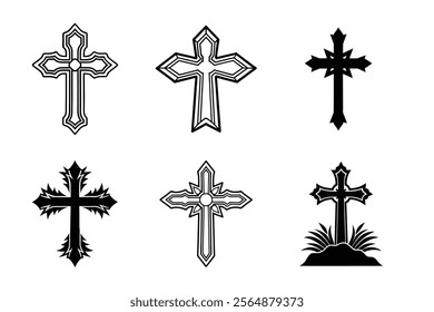 Set of Christian cross liner and silhouette, Religious cross icon illustration