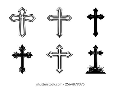 Set of Christian cross liner and silhouette, Religious cross icon illustration