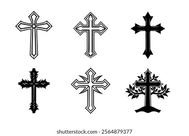 Set of Christian cross liner and silhouette, Religious cross icon illustration