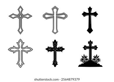 Set of Christian cross liner and silhouette, Religious cross icon illustration