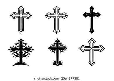 Set of Christian cross liner and silhouette, Religious cross icon illustration