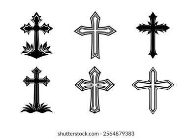 Set of Christian cross liner and silhouette, Religious cross icon illustration