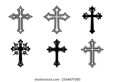 Set of Christian cross liner and silhouette, Religious cross icon illustration