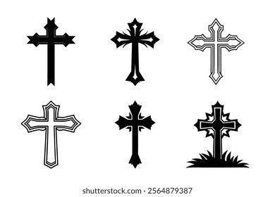 Set of Christian cross liner and silhouette, Religious cross icon illustration