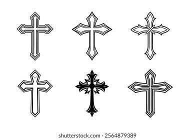 Set of Christian cross liner and silhouette, Religious cross icon illustration