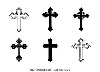 Set of Christian cross liner and silhouette, Religious cross icon illustration