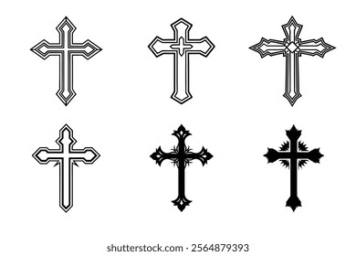 Set of Christian cross liner and silhouette, Religious cross icon illustration