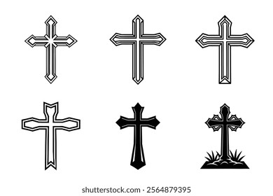 Set of Christian cross liner and silhouette, Religious cross icon illustration