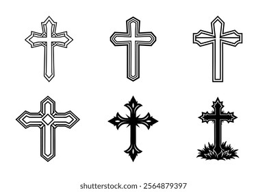 Set of Christian cross liner and silhouette, Religious cross icon illustration