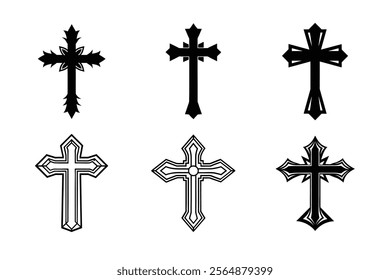 Set of Christian cross liner and silhouette, Religious cross icon illustration