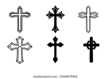 Set of Christian cross liner and silhouette, Religious cross icon illustration