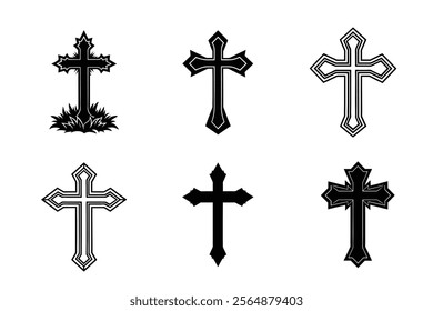 Set of Christian cross liner and silhouette, Religious cross icon illustration