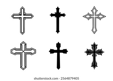 Set of Christian cross liner and silhouette, Religious cross icon illustration