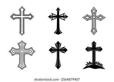 Set of Christian cross liner and silhouette, Religious cross icon illustration