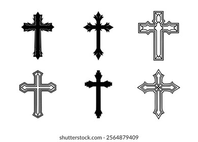 Set of Christian cross liner and silhouette, Religious cross icon illustration