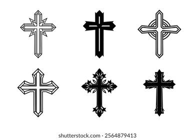 Set of Christian cross liner and silhouette, Religious cross icon illustration