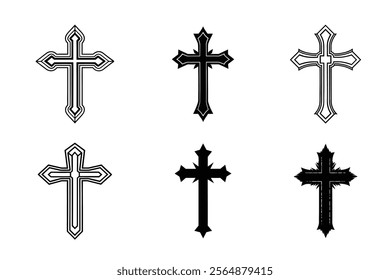 Set of Christian cross liner and silhouette, Religious cross icon illustration