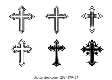 Set of Christian cross liner and silhouette, Religious cross icon illustration