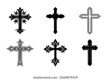 Set of Christian cross liner and silhouette, Religious cross icon illustration