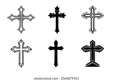 Set of Christian cross liner and silhouette, Religious cross icon illustration