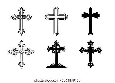 Set of Christian cross liner and silhouette, Religious cross icon illustration