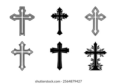 Set of Christian cross liner and silhouette, Religious cross icon illustration